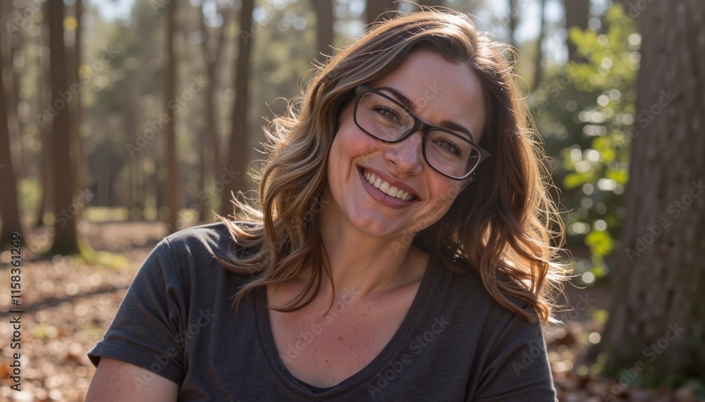 Joyful young woman with glasses smiling brightly in a sunlit forest surrounded by vibrant greenery