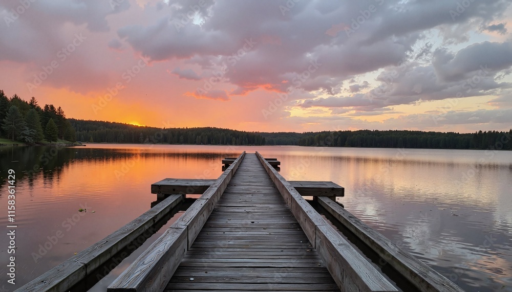 Fototapeta premium Tranquil Evening at the Lake A Serene Dock Surrounded by Nature s Beauty and a Setting Sun