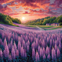 Leinwandbilder Aubergine Mauve flower landscape pink sunset surreal illustration  © Rhoda