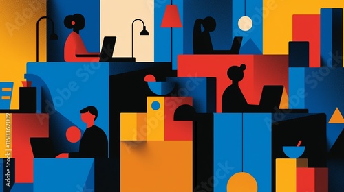 An open-plan office filled with brightly colored cubicles
