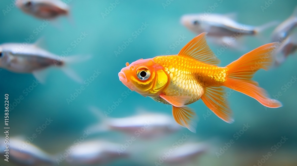 Naklejka premium Vibrant Goldfish Gracefully Swimming in Aqua Tank: Close-Up Photo. AI Generated
