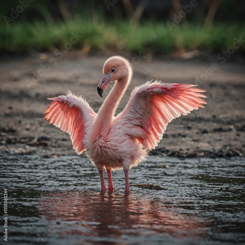 A baby flamingo stretching its wings.