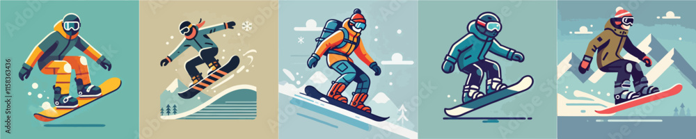 Obraz premium Vector collection of characters playing snowboarding happily