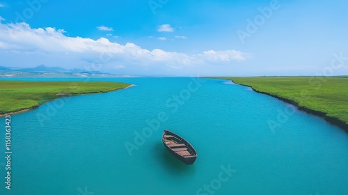 A boat is floating in the middle of a large body of water