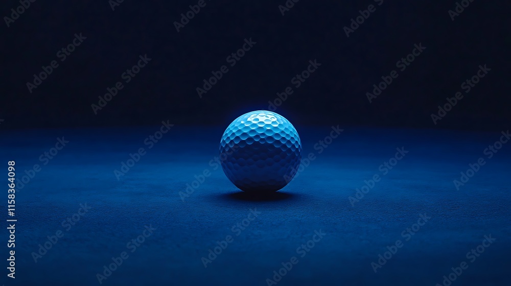 Dynamic shot of a golf ball illuminated on a dark blue background