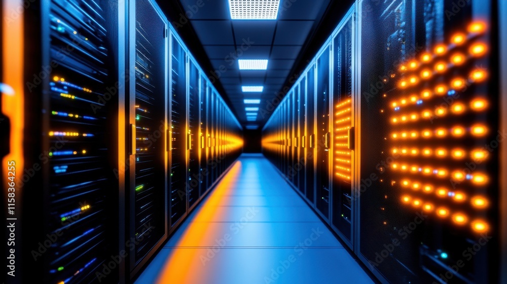 Futuristic Data Center Interior with Illuminated Server Racks
