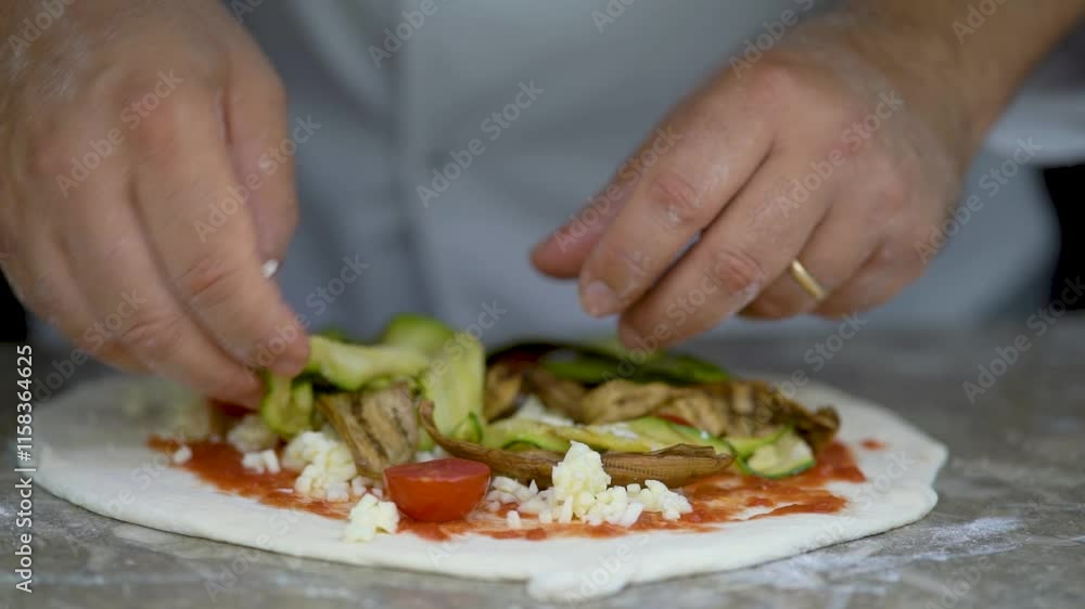 pizza making made and sold in restaurants or cafes ingredients applied on the dough to be rolled out oven to be cooked in wood fire slow motion pizza making made and sold in restaurants or cafes ingredients applied on the dough to be rolled out oven to be cooked in wood fire slow motion