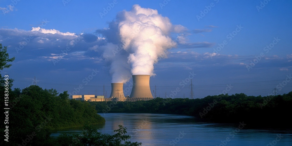 A nuclear power plant with smoke flowing from tower near river, surround with trees A nuclear power plant with smoke flowing from tower near river, surround with trees