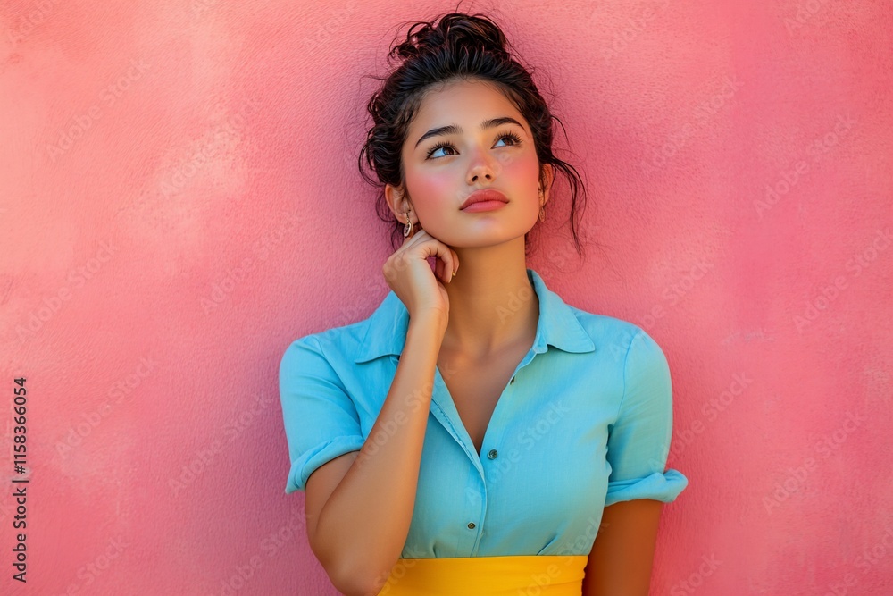 Pensive young woman in teal shirt against pink wall.