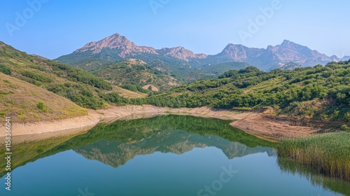 A lake with mountains in the background photo