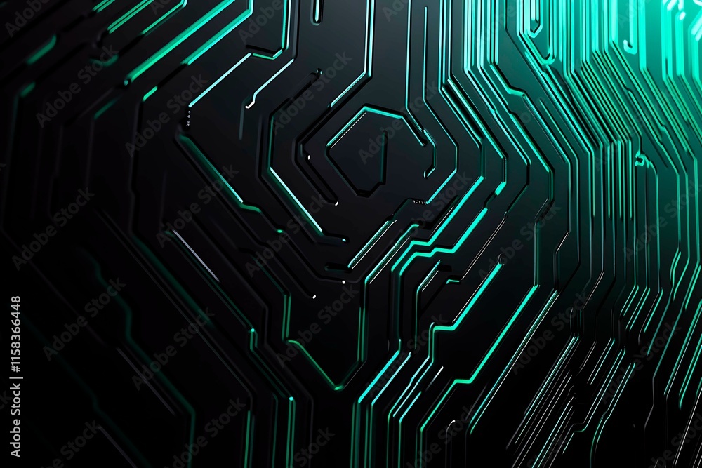 Close-up of a futuristic circuit board design illuminated by green neon lights, showcasing intricate technology and innovation.
