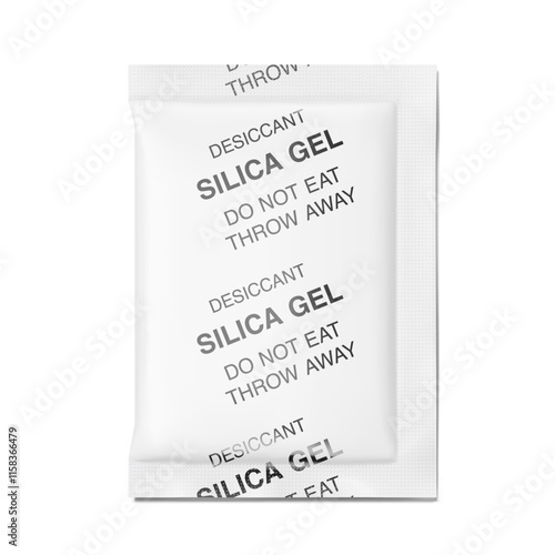 Desiccant silica gel sachet mockup. Flat lay view. Vector illustration isolated on white background. Can be use for template your design, presentation, promo, ad. EPS10.	