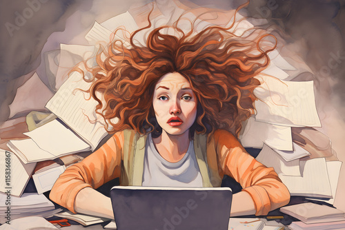 illustration of portraits of stressed woman (generative AI)