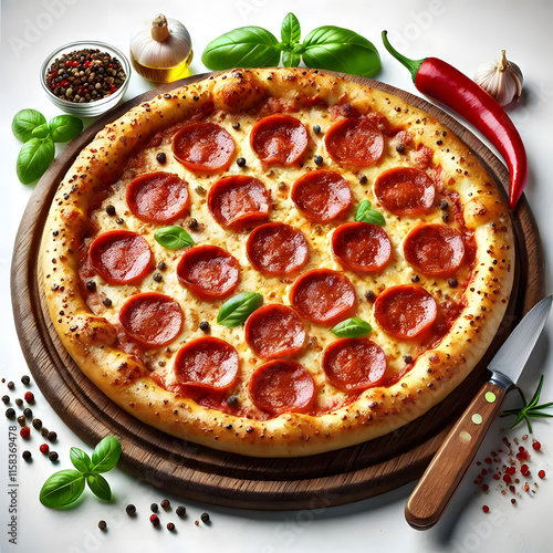 A delicious pepperoni pizza with fresh basil, melted cheese, and crispy crust served on a wooden platter, perfect for food lovers. photo