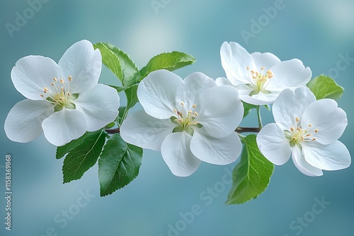 Three Delicate White Apple Blossoms on a Branch photo