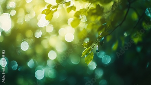 Abstract defocused green forest with soft sunlight filtering through trees, creating a peaceful and serene atmosphere photo