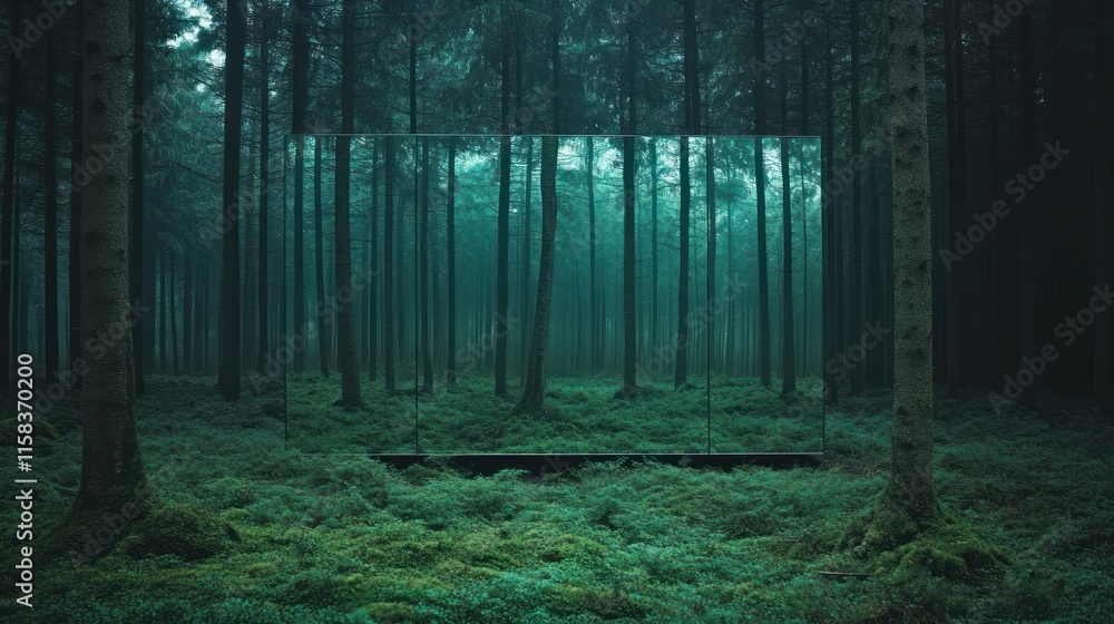 Fototapeta premium Mystical forest scene with a dark rectangular frame in the center, showcasing tall trees and lush green moss.