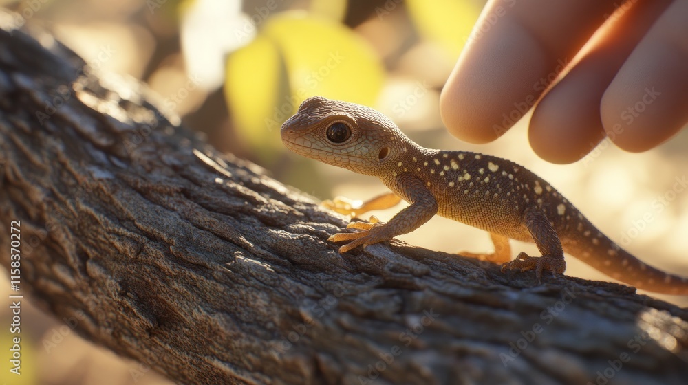 Fototapeta premium Small gecko lizard on tree branch, hand gently approaching.