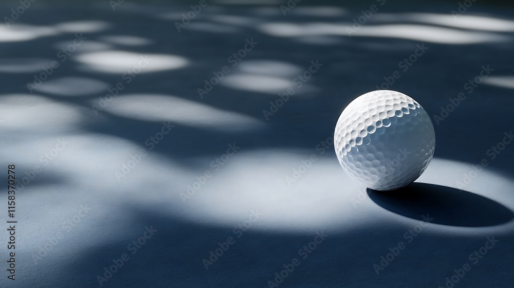 Premium golf ball highlighted on a smooth dark blue surface with shadows