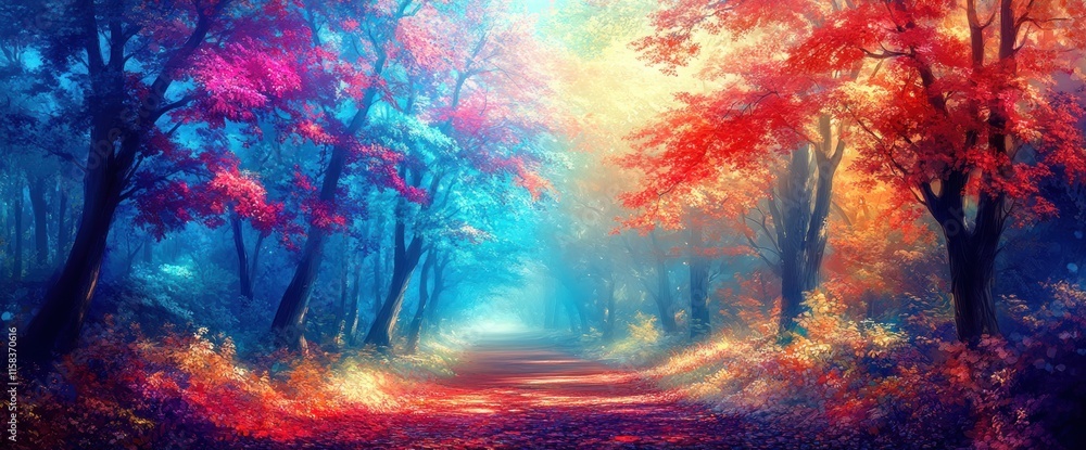 Fototapeta premium Vibrant autumn path through a mystical forest with colorful trees and fog.