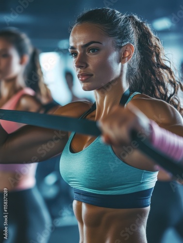 Fit group of people in sportswear working out together with resistance bands during an exercise class at the gym photo