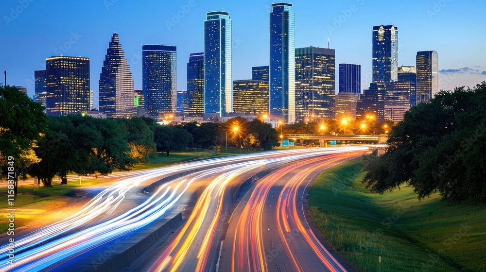A vibrant city skyline at dusk with light trails from moving vehicles on a highway. A vibrant city skyline at dusk with light trails from moving vehicles on a highway.