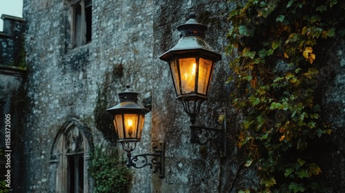 Two lit antique lanterns mounted on a stone castle wall with ivy.