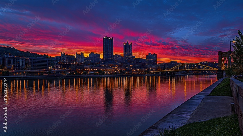 Naklejka premium Vibrant sunrise cityscape reflected in calm river water.
