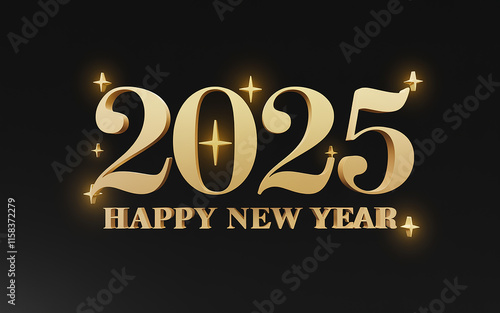 3D 2025 Happy New Year gold numbers on a black background, showcasing a sleek and festive design with a modern touch.