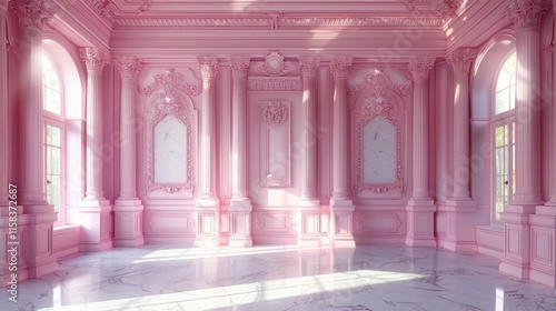 Pink ornate room with pillars, marble floor, and windows. AI generative. .