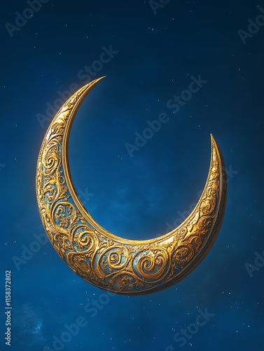 Ornate golden crescent moon against a night sky. photo