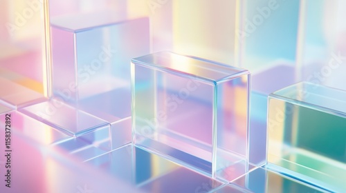 Pastel iridescent glass cubes on reflective surface.