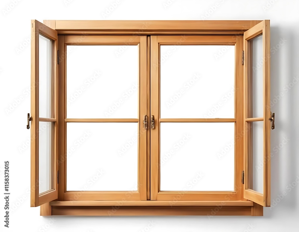 Open Wooden Double Hung Window Frame Showing Glass Panes Open Wooden Double Hung Window Frame Showing Glass Panes