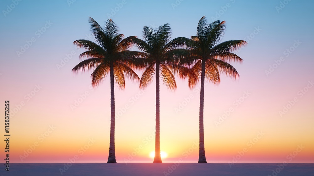 Obraz premium Serene Sunset: Three Palm Trees Silhouetted Against a Vivid Tropical Sky - 3D Render Illustration. AI Generated