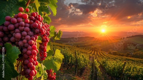 Close-up of red grapes hanging from vine in vineyard with sunset and mountains in the background. AI generative. .