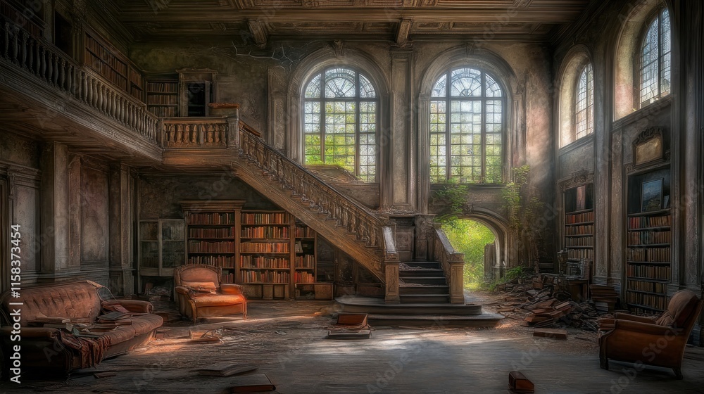 Sunlit grand staircase in a decaying library with bookshelves, arched windows, and antique furniture. Sunlit grand staircase in a decaying library with bookshelves, arched windows, and antique furniture.