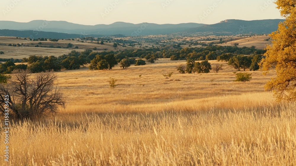 Fototapeta premium Golden grasslands and distant mountains at sunset.