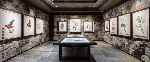 Gallery showcasing framed botanical and ornithological artwork on stone wall.
