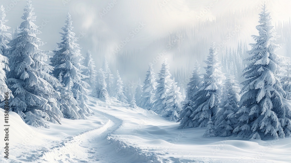 Snowy path winding through a frost-covered forest. AI generative. . Snowy path winding through a frost-covered forest. AI generative. .