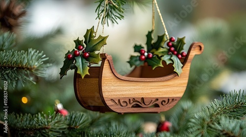 Wooden sleigh ornament with holly and mistletoe.