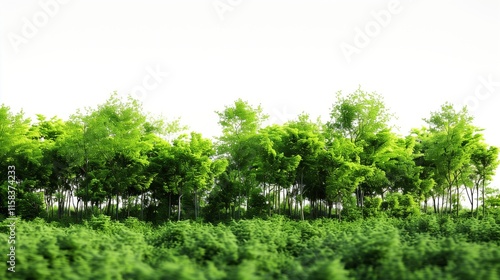 An isolated forest scene featuring vibrant green trees and forest floor plants, placed against a white background for a minimalist look.