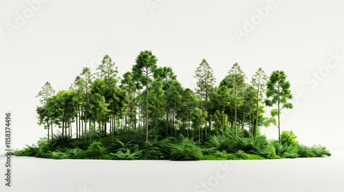 A realistic forest banner with dense trees and natural greenery, isolated on a clean white surface, showcasing nature?? calm.