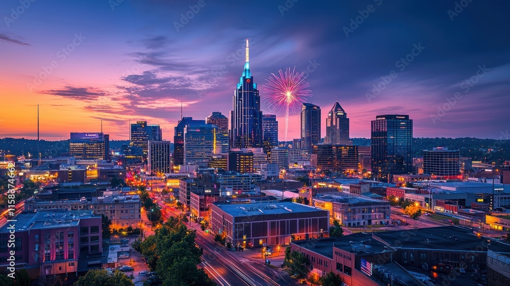 Fototapeta premium A vibrant city skyline at dusk with fireworks illuminating the night sky.
