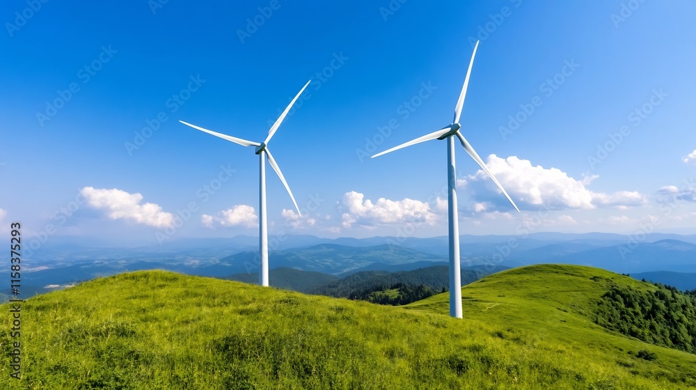 Wide Shot Photo: Majestic Wind Turbines Gracefully Turning on Verdant Mountaintop Under a Vivid Blue Sky. AI Generated Wide Shot Photo: Majestic Wind Turbines Gracefully Turning on Verdant Mountaintop Under a Vivid Blue Sky. AI Generated