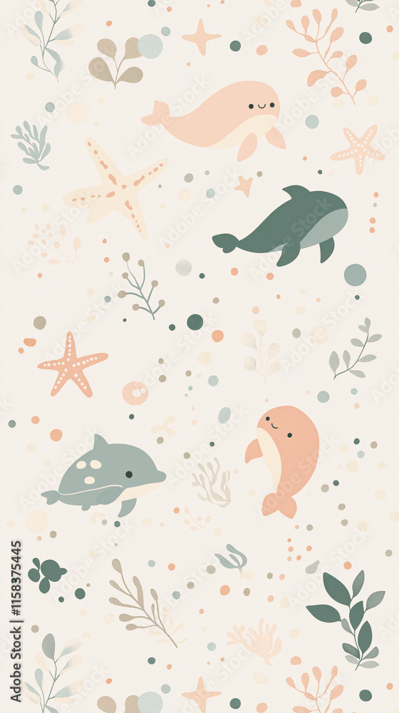 Cute Marine Pattern with Dolphins, Seals, and Seaweed on Soft Background Cute Marine Pattern with Dolphins, Seals, and Seaweed on Soft Background