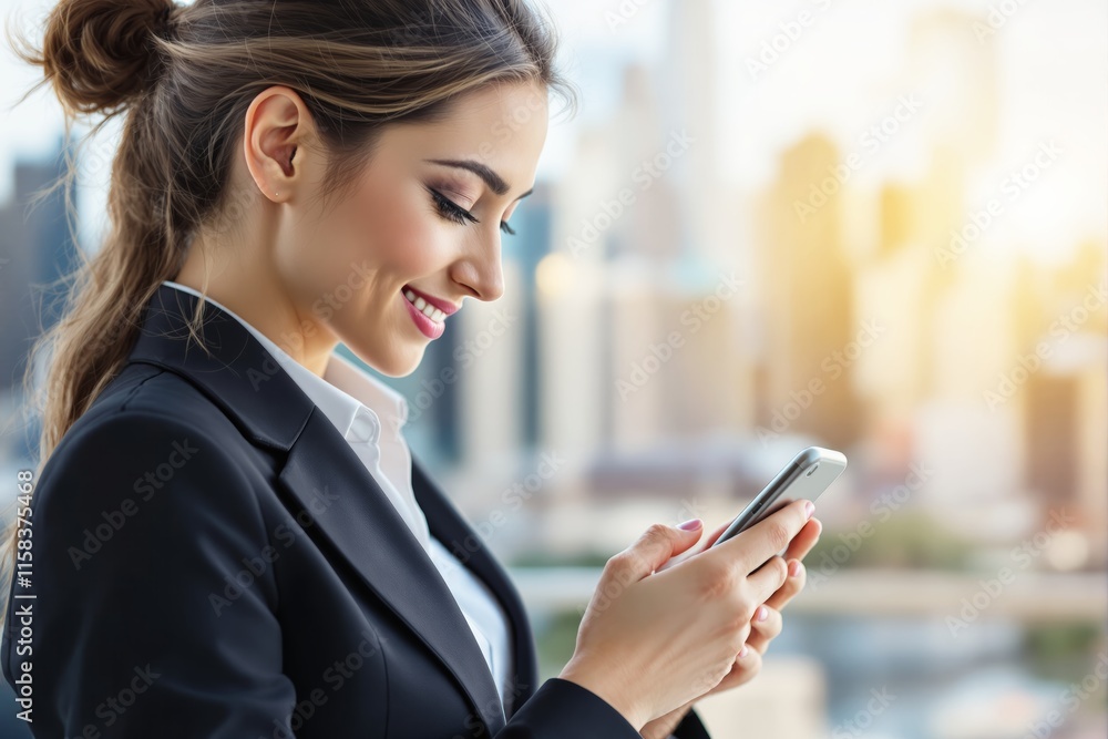Professional woman in a formal suit smiling as she uses her smartphone. Modern cityscape background. Concept of communication, success, technology. Ai generative Professional woman in a formal suit smiling as she uses her smartphone. Modern cityscape background. Concept of communication, success, technology. Ai generative