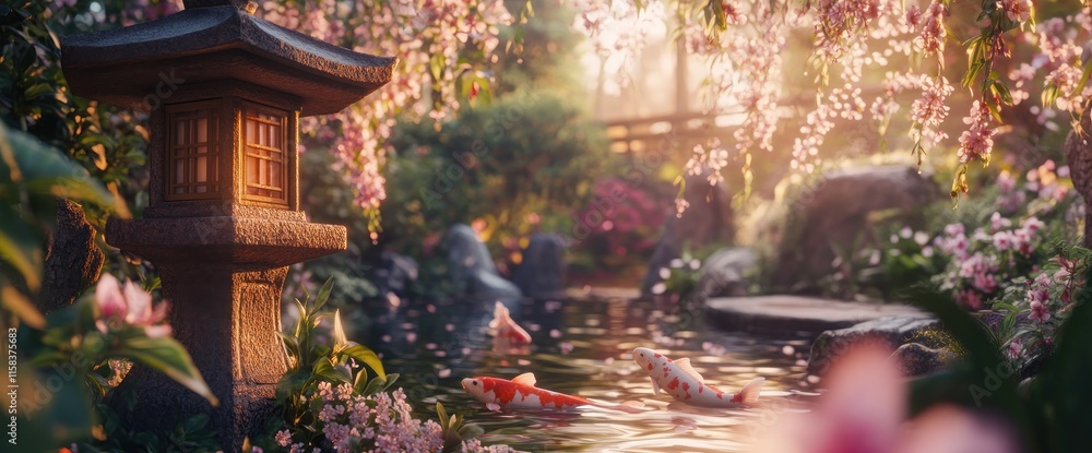 Fototapeta premium Serene Japanese garden with koi pond, stone lantern, blossoming flowers, and soft sunlight.