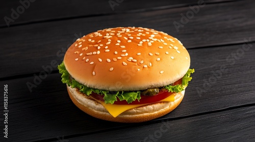 Wallpaper Mural Close-up Photo: Deliciously Juicy Cheeseburger on Dark Wood Table. AI Generated Torontodigital.ca