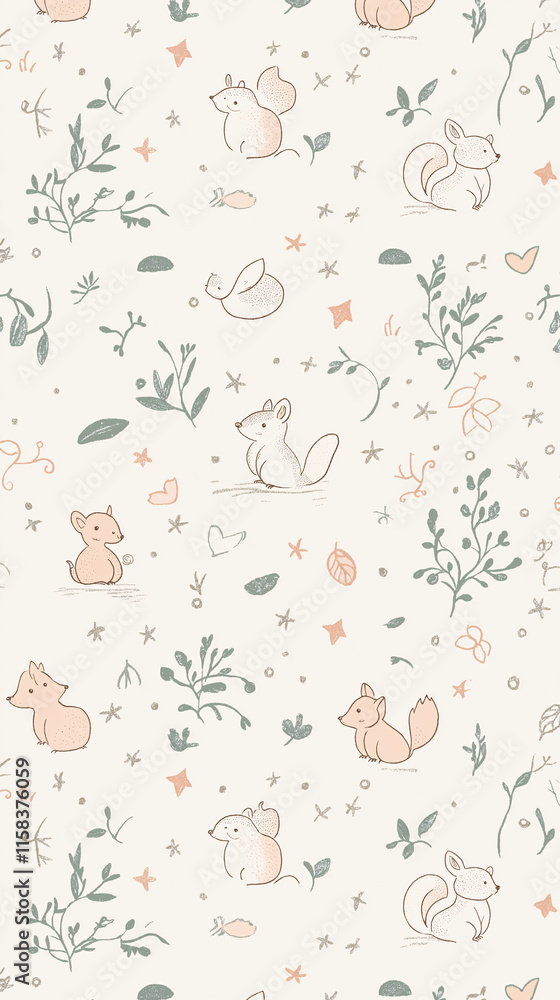 Playful Woodland Creatures Seamless Pattern with Minimalist Nature-Inspired Design Playful Woodland Creatures Seamless Pattern with Minimalist Nature-Inspired Design