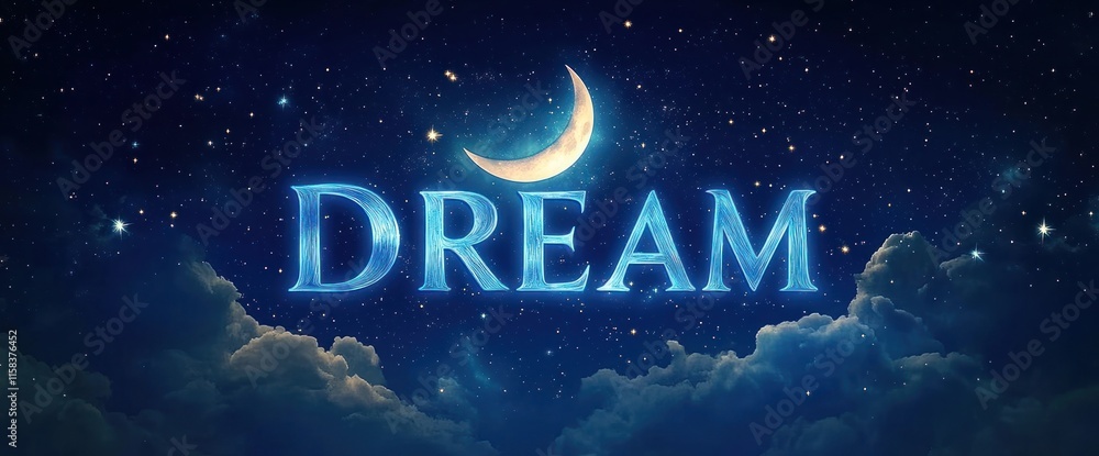 Glowing DREAM text on night sky with crescent moon and clouds. Glowing DREAM text on night sky with crescent moon and clouds.